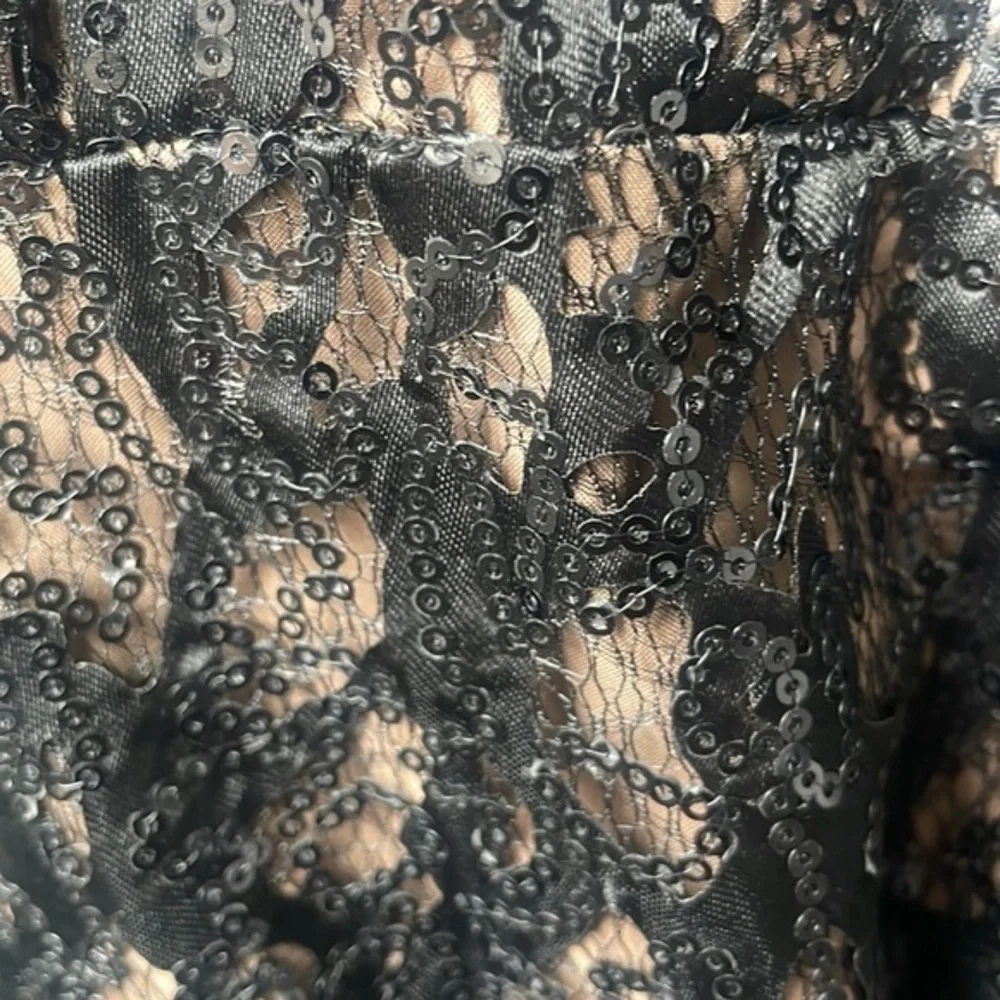Eliza J Dress Black lace nude colored size 8 sequined balletcore fit and flare